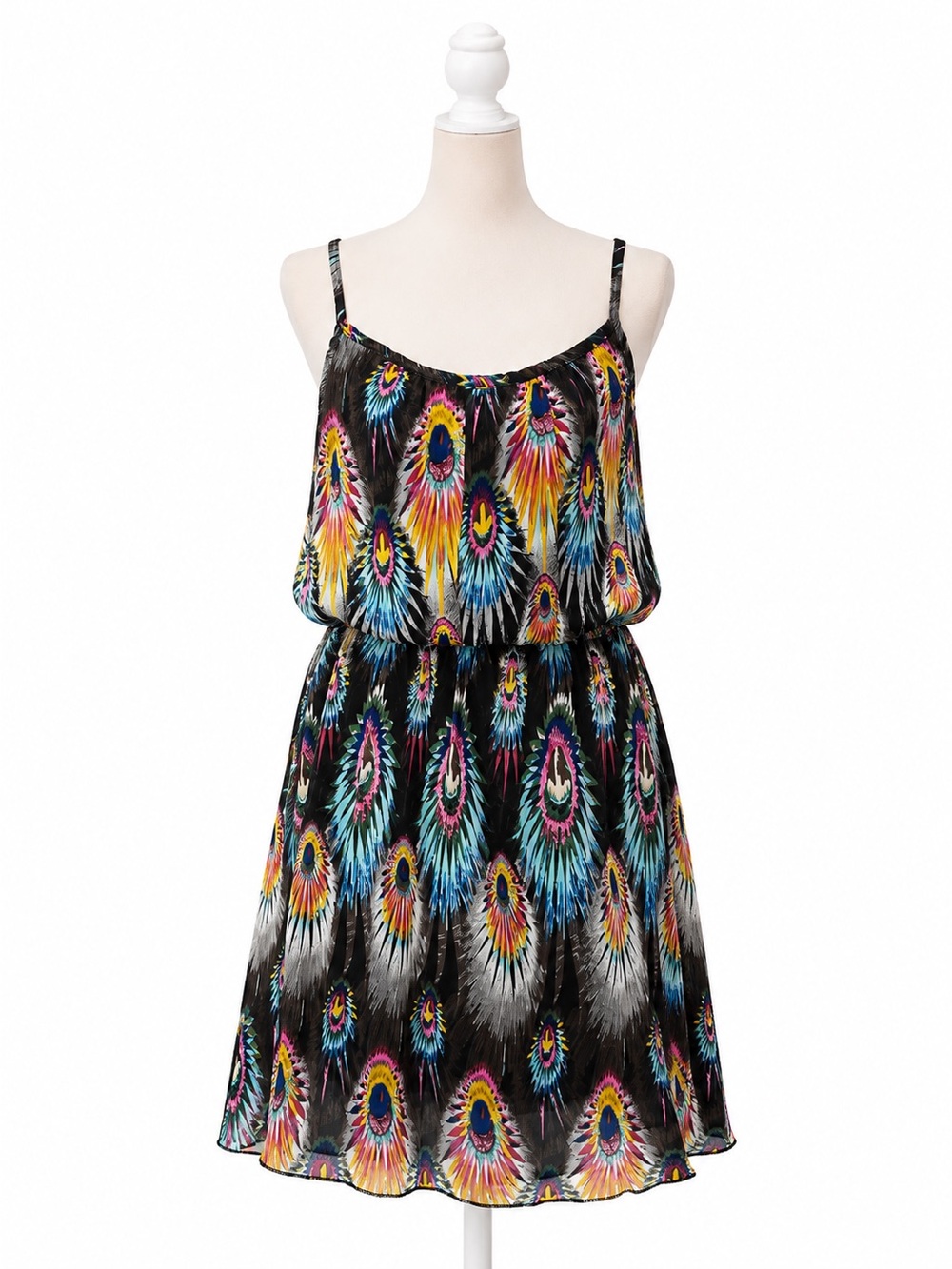 Poetry Clothing Peacock Feather Print Chiffon Dress Black Multicolor Y2K Size S